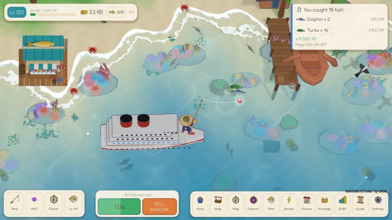 fosh&fish gameplay: a cruise ship fishing in a coral sea
